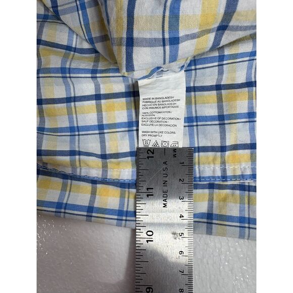 IZOD Shirt Men's Size LG Blue Yellow White Plaid Button Down Short Sleeve Pocket - Picture 6 of 11